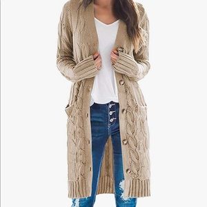 Long sleeve cable knit sweater cardigan, khaki